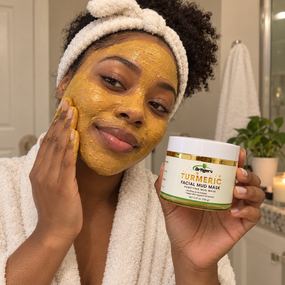 Woman wearing turmeric facial mud mask