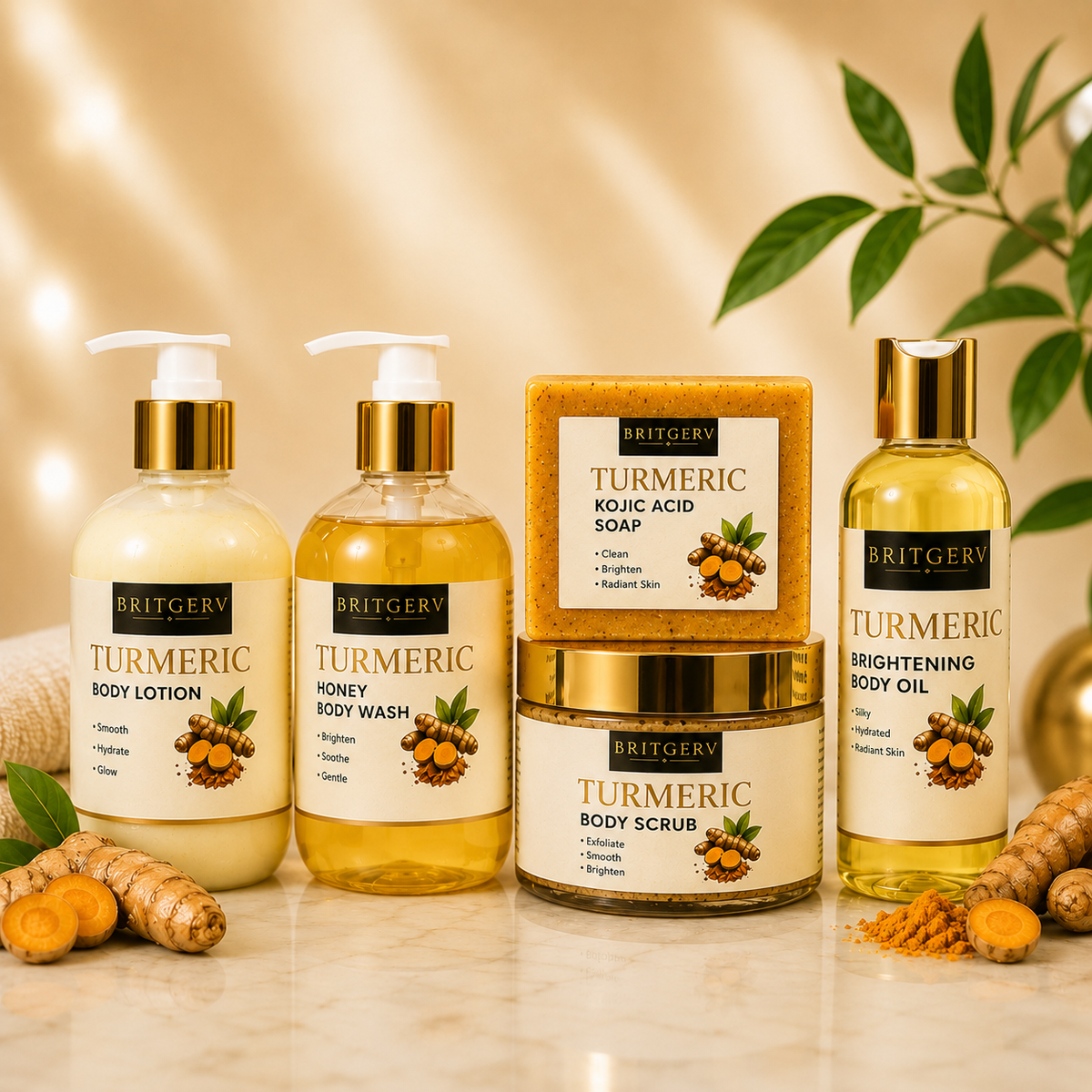 Turmeric Body Care Bundle – Body Scrub, Body Lotion, Kojic Acid Soap,  Honey Body Wash  and Body Oil