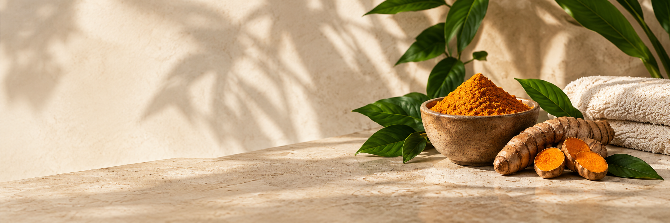 Turmeric, green leaves and folded spa towels